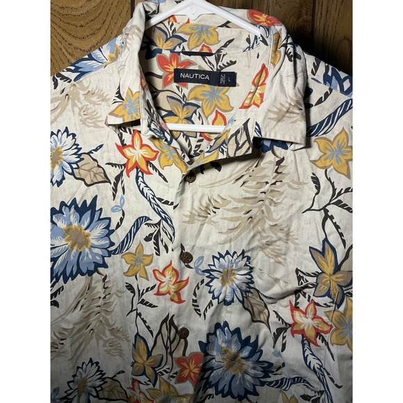Nautica Other - Nautica Mens 100% Silk Aloha Hawaiian Shirt L Floral Blue Beige Short Sleeve